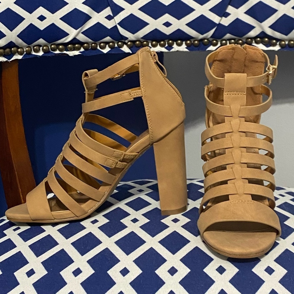 Brown tan strappy caged chunky high heel ankle strap sandals